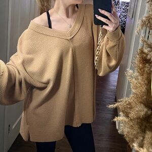 aerie Oversized V-Neck Sweater in Camel/Tan
